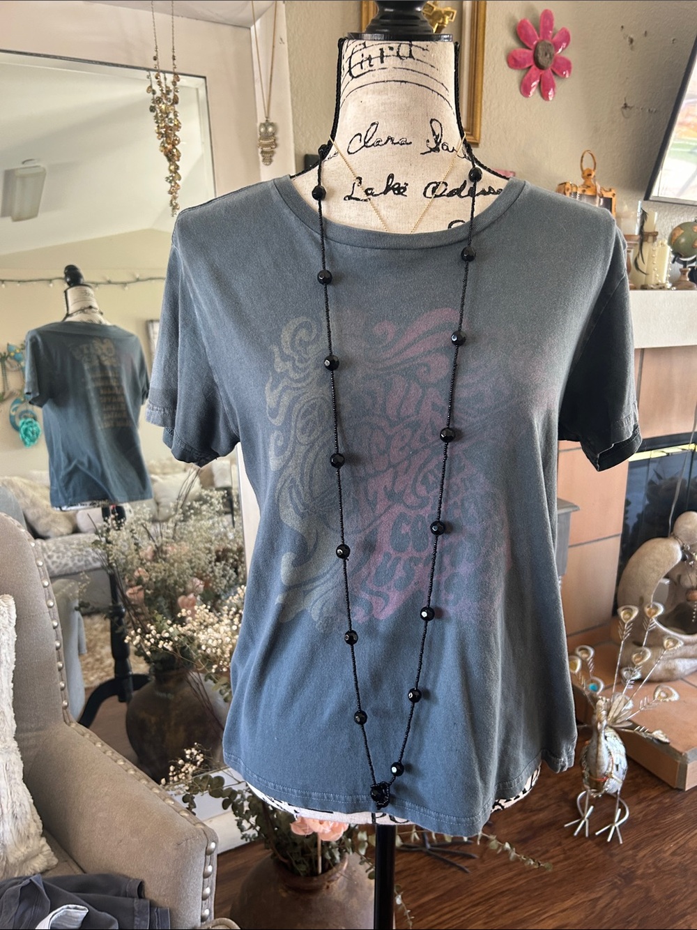 Faded Grey Graphic Tee with Subtle Pink Design